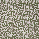Fabric in an abstract meandering shape print in white and purple on an olive field.