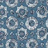 Detail of fabric in a geometric damask print in shades of navy and white on a blue field.