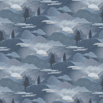 Pattern of mountains, trees, and clouds in a blue color scheme.