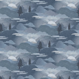 Pattern of mountains, trees, and clouds in a blue color scheme.