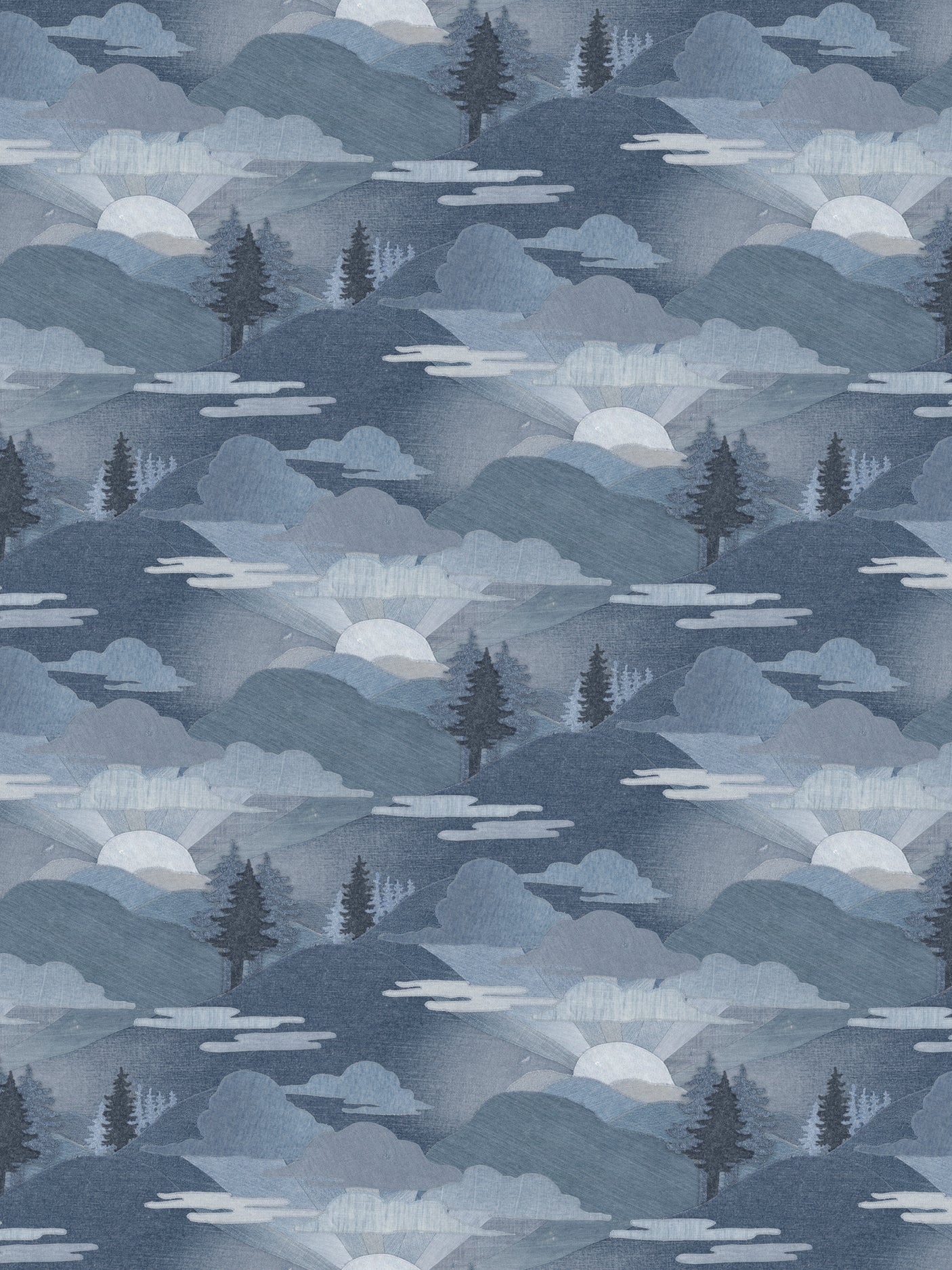 Pattern of mountains, trees, and clouds in a blue color scheme.