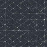 Detail of wallpaper in a mottled lattice print in white on a black field.