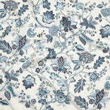 Close up of gently draped printed fabric in scrolling floral vine pattern in monochromatic blues on white. 