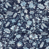 Close up of gently draped printed fabric in scrolling floral vine pattern in shades of blue and white on navy blue.
