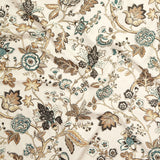 Close up of gently draped printed fabric in scrolling floral vine pattern in dark green, navy blue, tan and brown on white. 