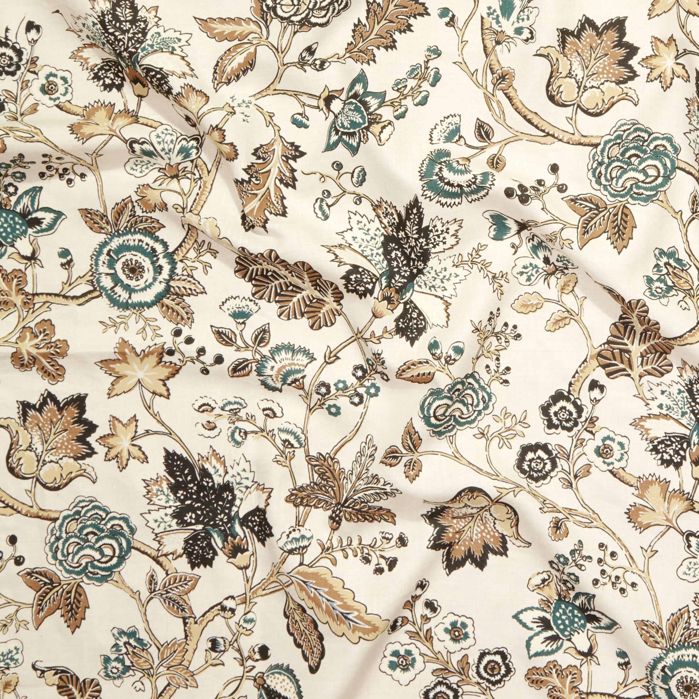 Close up of gently draped printed fabric in scrolling floral vine pattern in dark green, navy blue, tan and brown on white. 