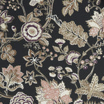 Close up of wallpaper in scrolling floral vine pattern in dark purple, blush pink, tan and brown on black.