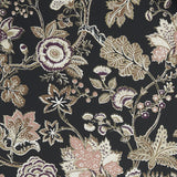 Close up of wallpaper in scrolling floral vine pattern in dark purple, blush pink, tan and brown on black.