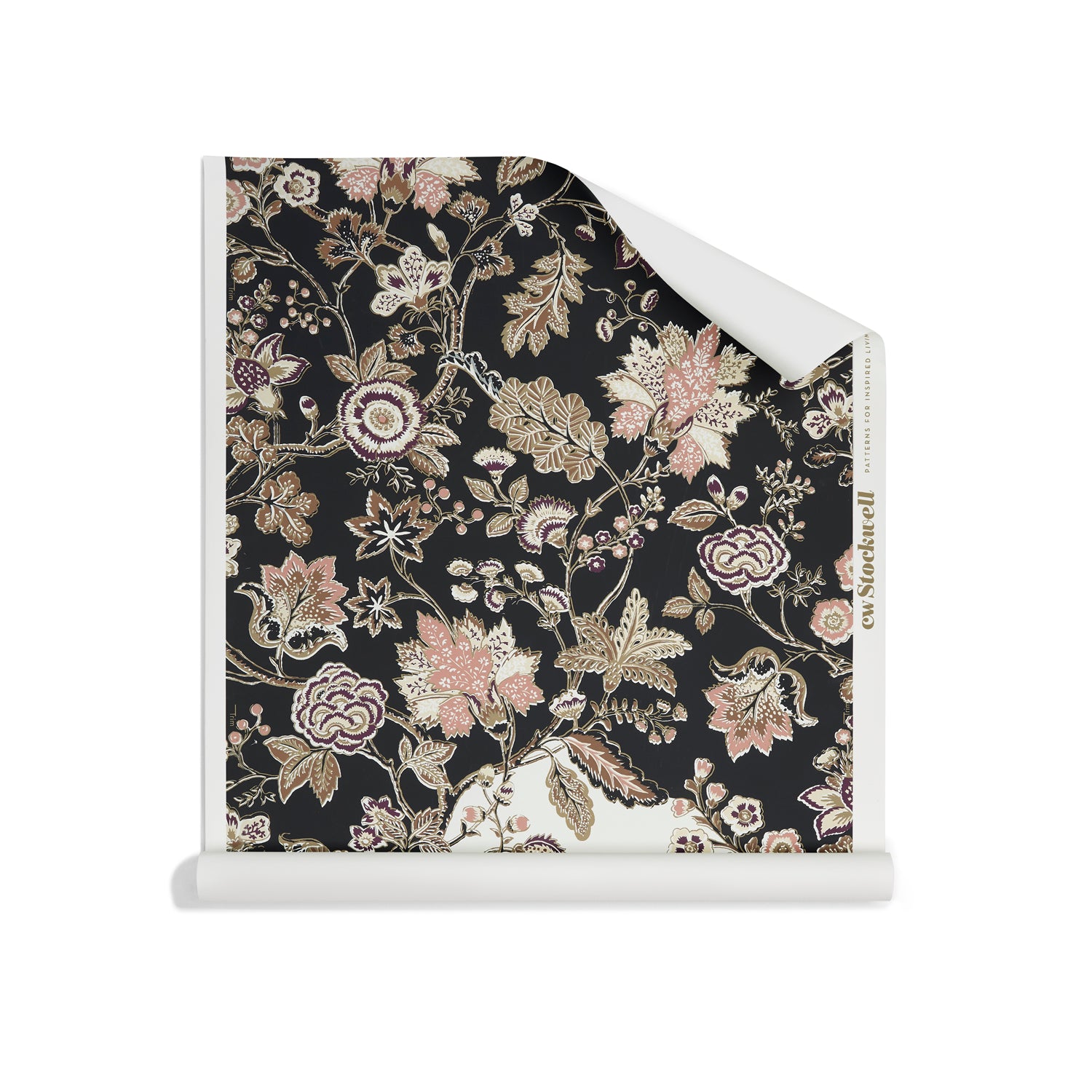 Roll of wallpaper in scrolling floral vine pattern in dark purple, blush pink, tan and brown on black.