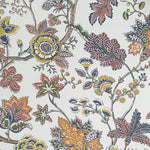 Close up of wallpaper in scrolling floral vine pattern in yellow, clay pink, orange, navy blue and olive green on white. 