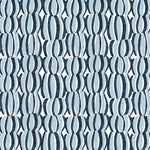 Detail of fabric in an abstract curvilinear print in blue and navy on a white field.