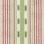 Detail of fabric in a global stripe print in pink, green and maroon on a white field.