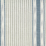 Detail of fabric in a global stripe print in blue, gray and tan on a white field.