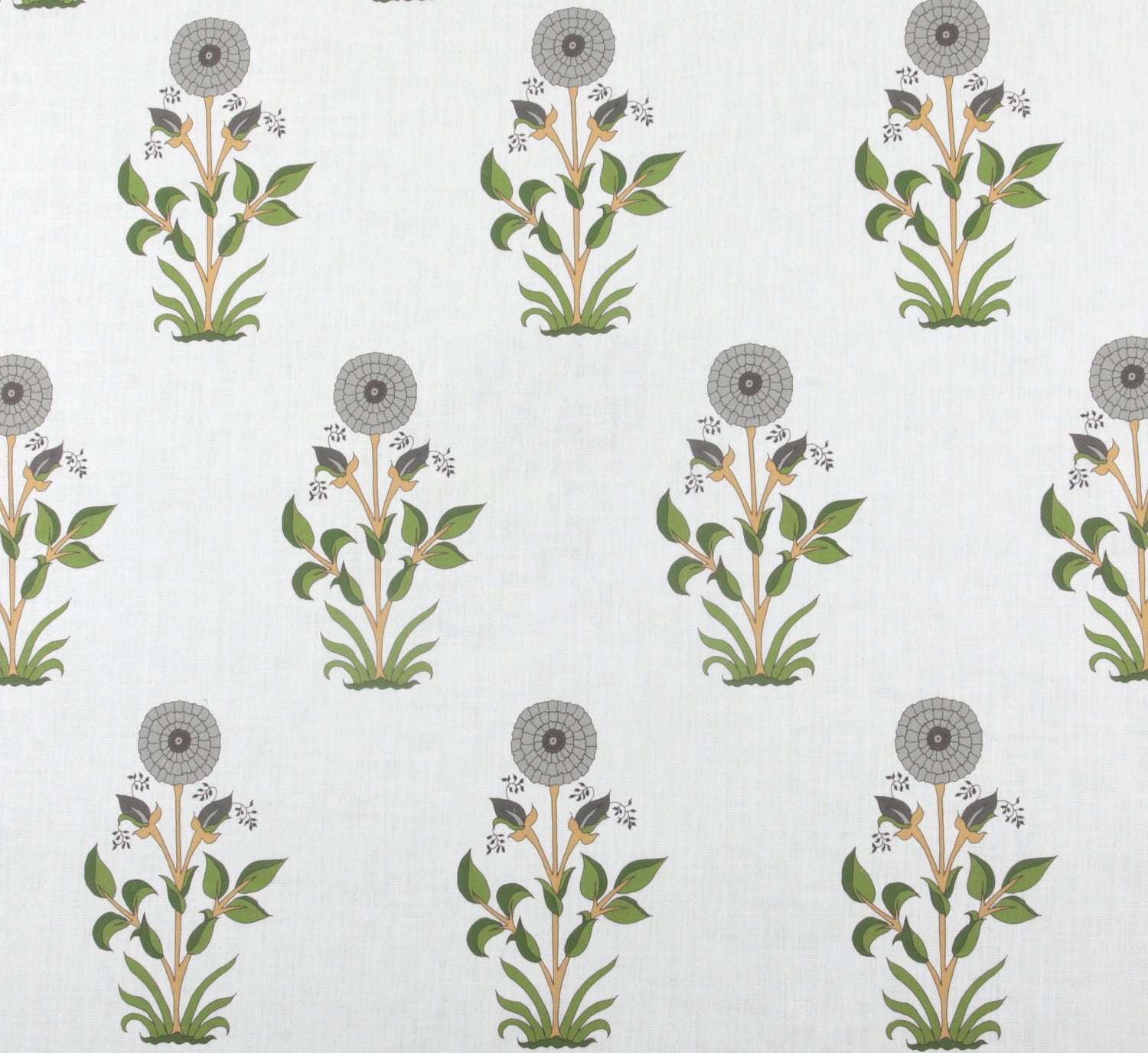 Detail of fabric in a large-scale marigold print in gray, orange and green on a cream field.