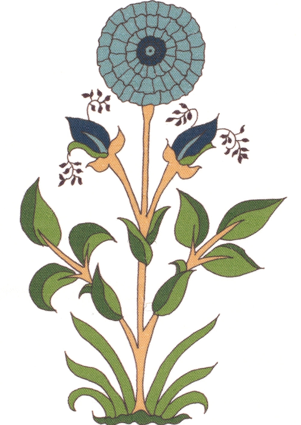 Detail of fabric in a large-scale marigold print in blue, orange and green on a white field.