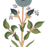 Detail of fabric in a large-scale marigold print in blue, orange and green on a white field.