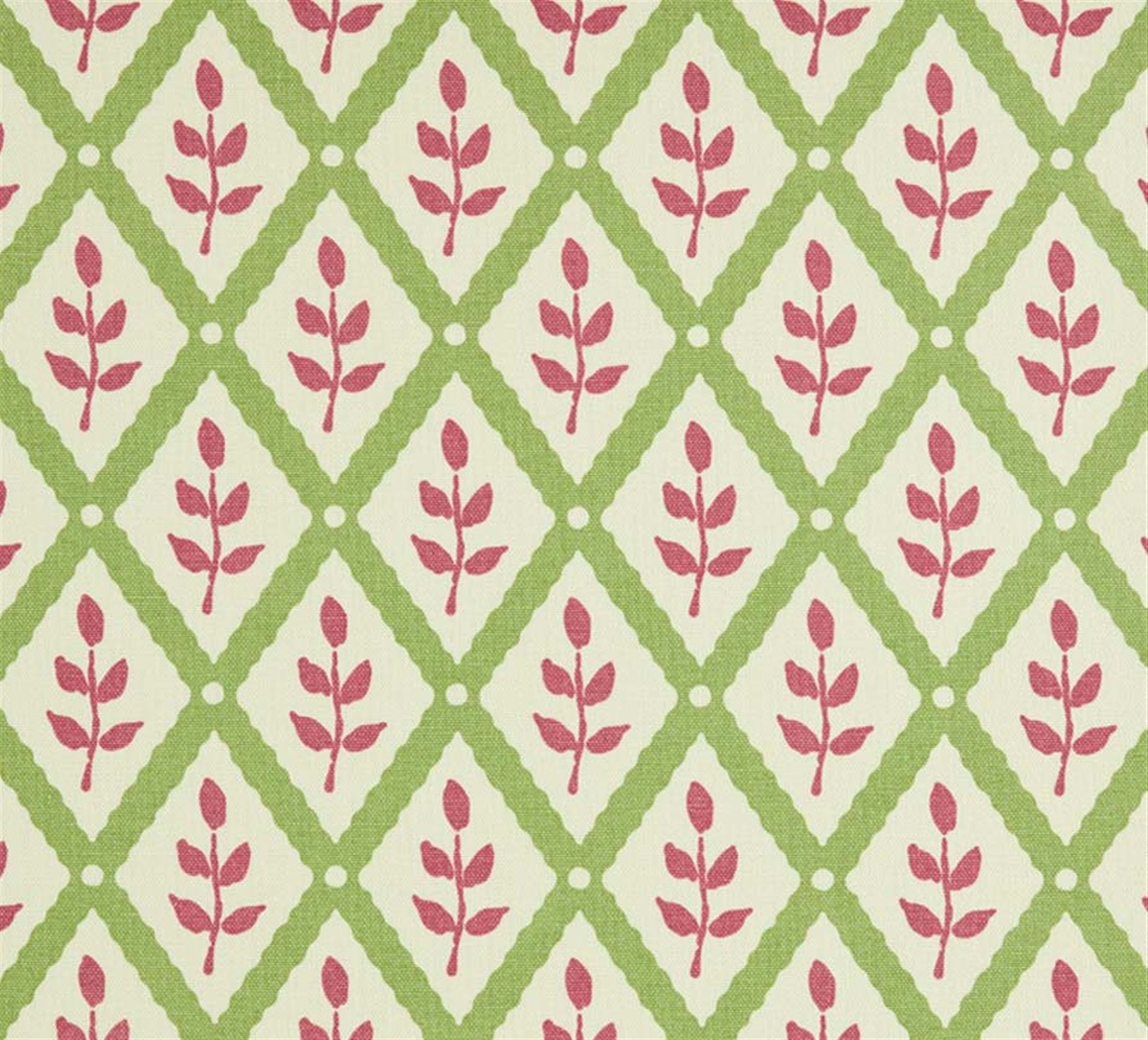 Detail of fabric in a lattice and leaf print in maroon and green on a white field.