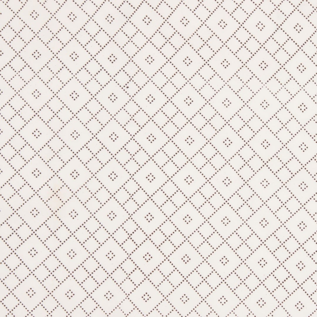 Detail of fabric in a diamond lattice print in brown on a cream field.