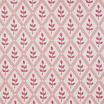 Detail of fabric in a lattice and leaf print in shades of pink on a white field.