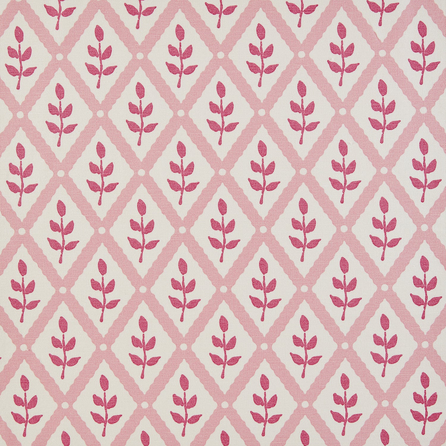 Detail of fabric in a lattice and leaf print in shades of pink on a white field.