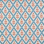 Detail of fabric in a lattice and leaf print in blue and red on a white field.