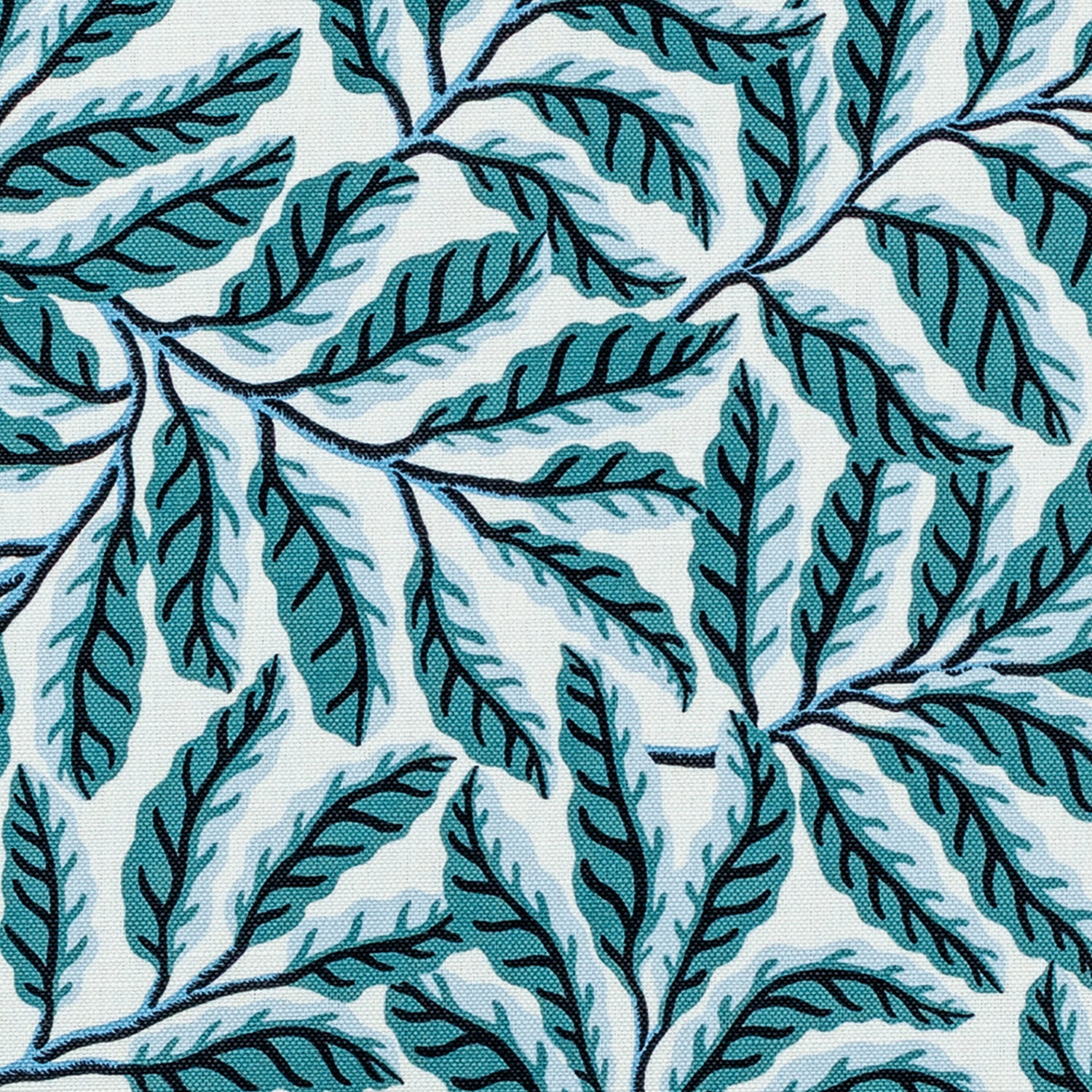 Fabric pattern of green and light leaves on a white background