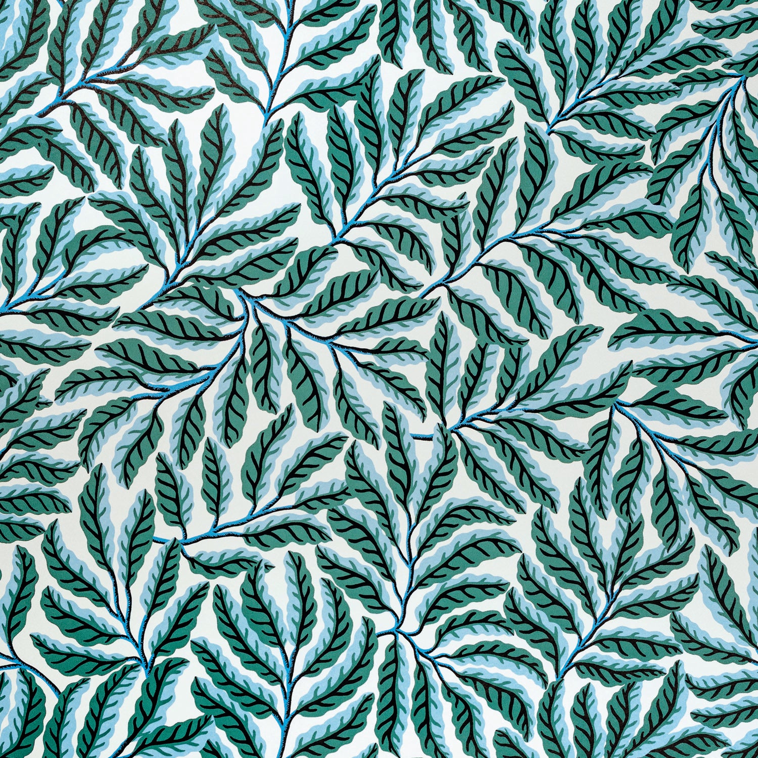 Pattern of green and blue  leaves on a white background