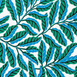 Pattern of green and blue leaves on a white background