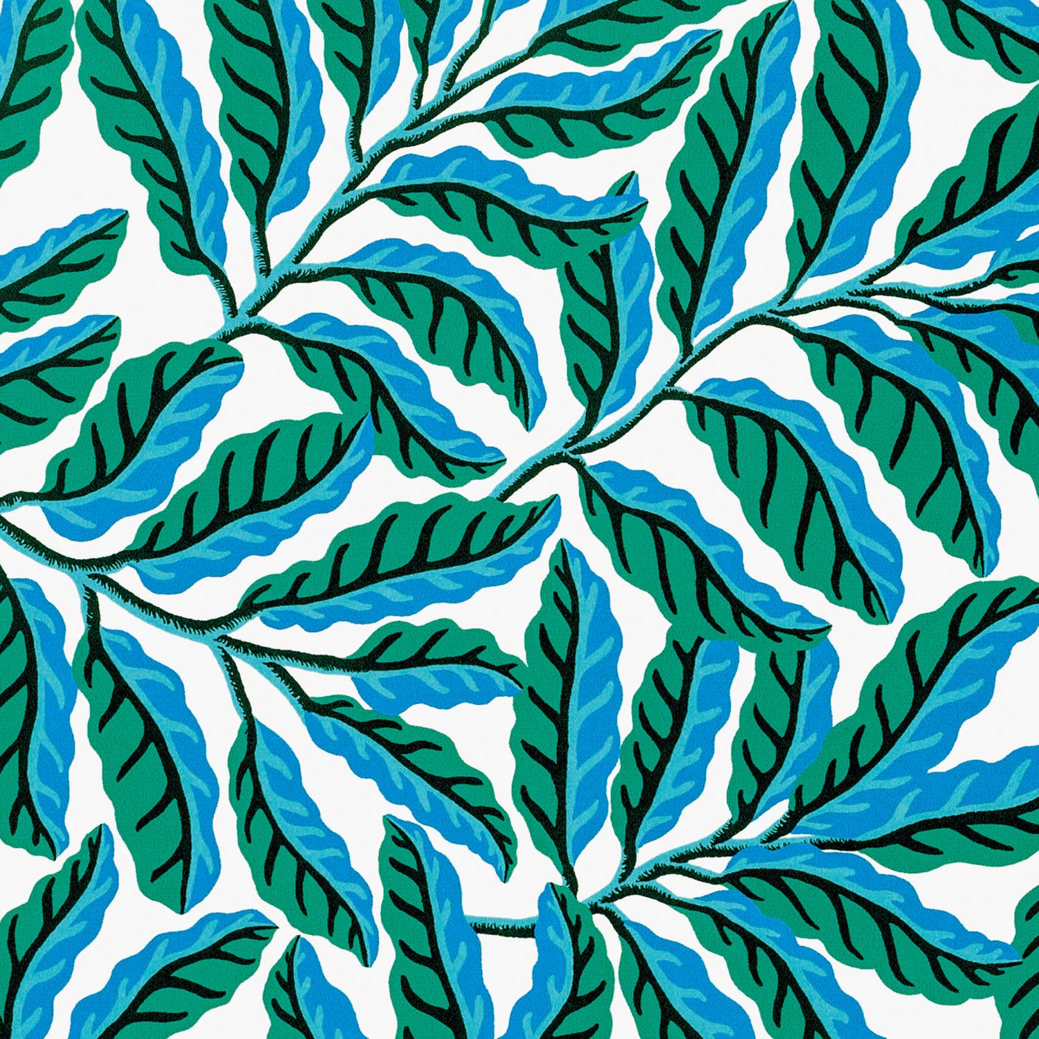 Pattern of green and blue leaves on a white background