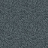 Detail of printed fabric with watercolor swirling stripe pattern in tonal navy blue.