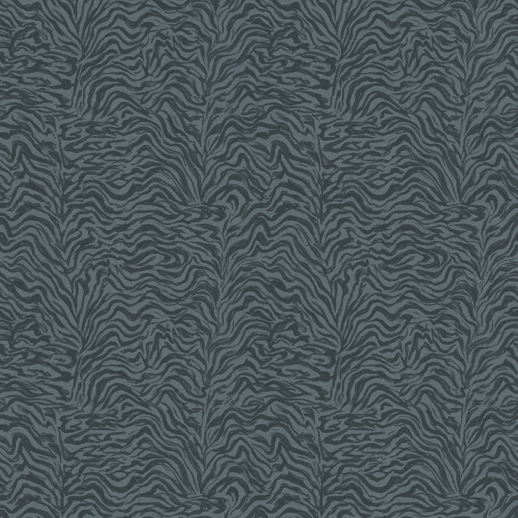 Detail of printed fabric with watercolor swirling stripe pattern in tonal navy blue.