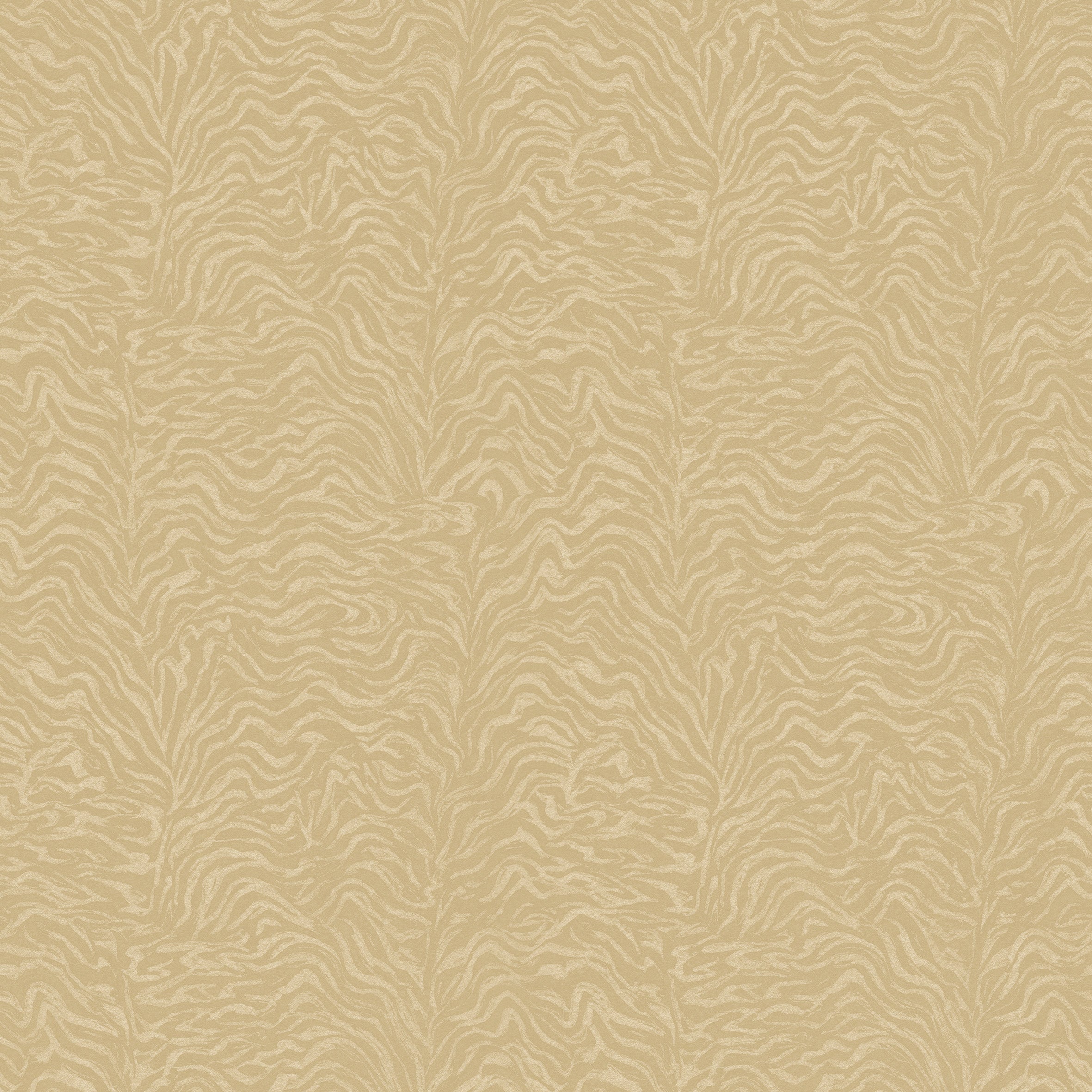 Detail of printed wallpaper with watercolor swirling stripe pattern in tonal muted ochre.