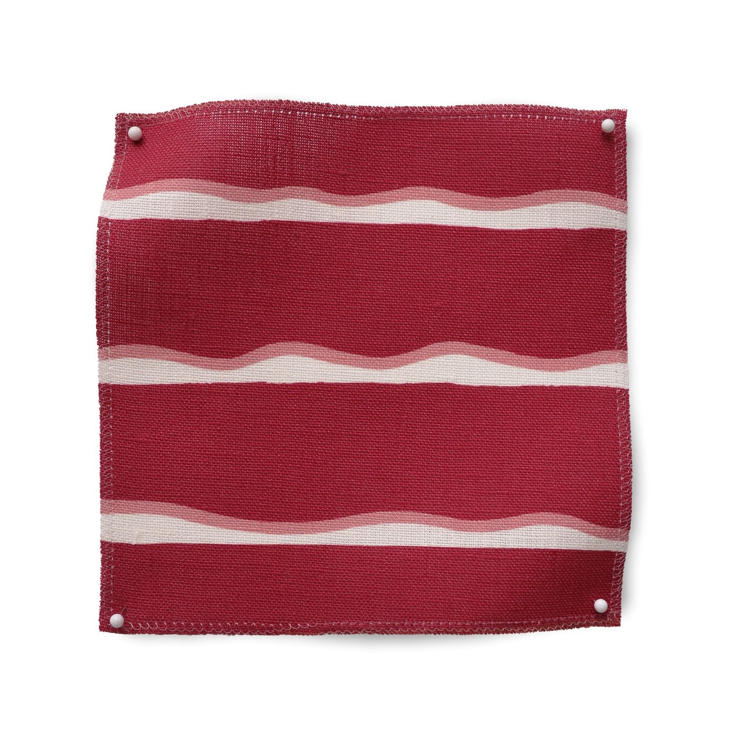 Square fabric swatch in a wide undulating stripe pattern in pink and white on a mulberry field.