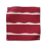 Square fabric swatch in a wide undulating stripe pattern in pink and white on a mulberry field.