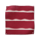Square fabric swatch in a wide undulating stripe pattern in pink and white on a mulberry field.