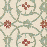 Detail of wallpaper in a floral lattice print in mottled blue, red and tan on a cream field.