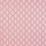 Detail of fabric in a repeating fern leaf print in white on a light pink field.