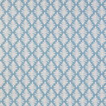 Detail of fabric in a repeating fern leaf print in white on a light blue field.