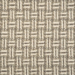 Broadloom carpet with a geometric herringbone design in cream, grey and taupe.