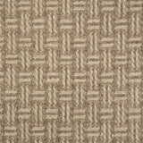 Broadloom carpet with a geometric herringbone design in brown and taupe. 
