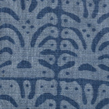 Detail of fabric in an abstract leaf print in blue on a navy field.