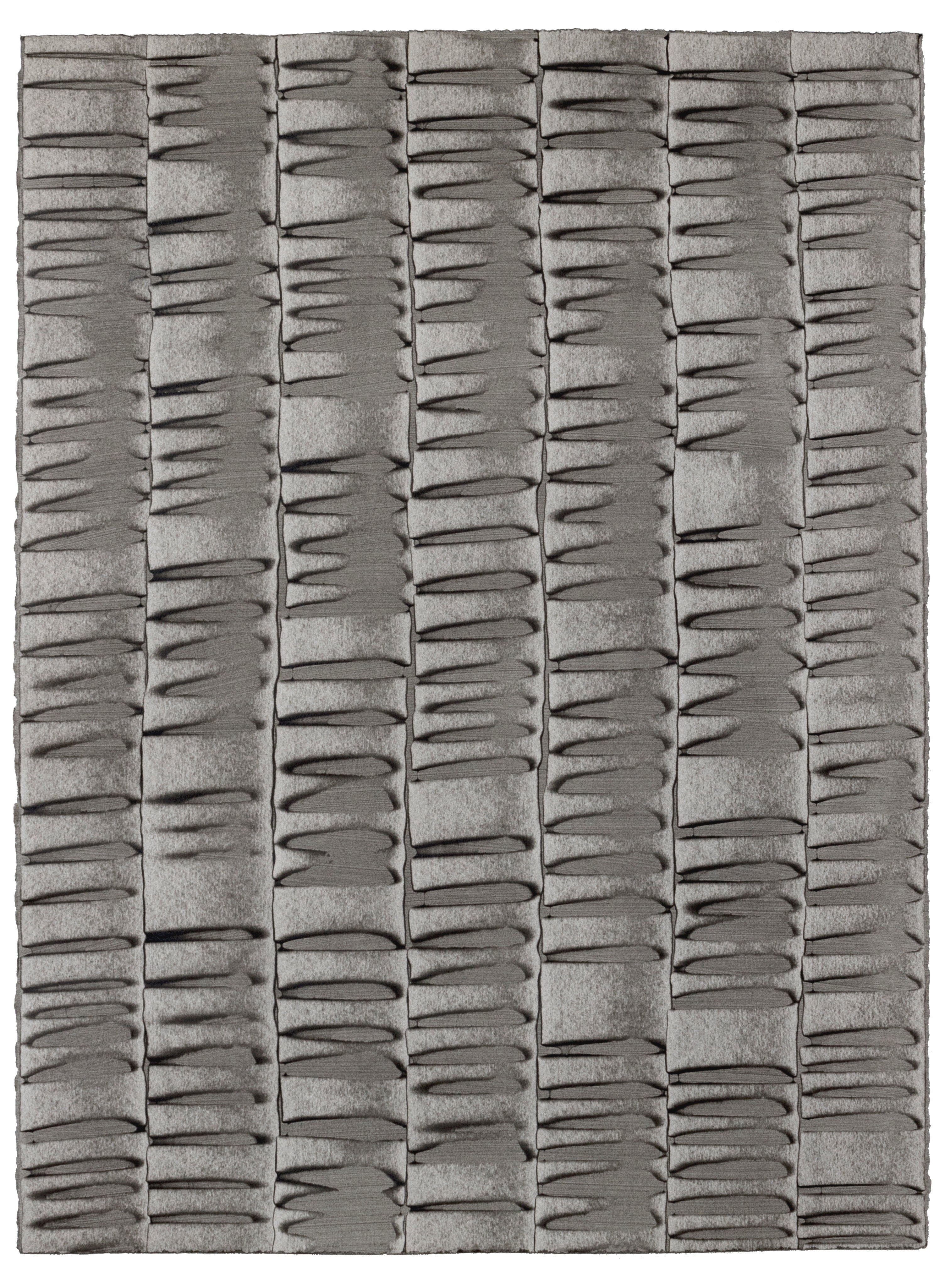 Sheet of hand-painted wallpaper with an undulating ribbon pattern in charcoal.