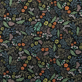 Detail of fabric in a small-scale floral print in shades of blue, green and orange on a black field.