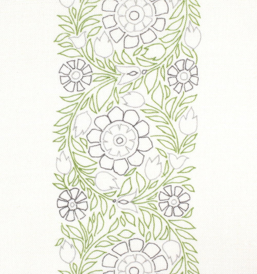 Detail of fabric in a floral stripe print in green, gray and purple on a white field.