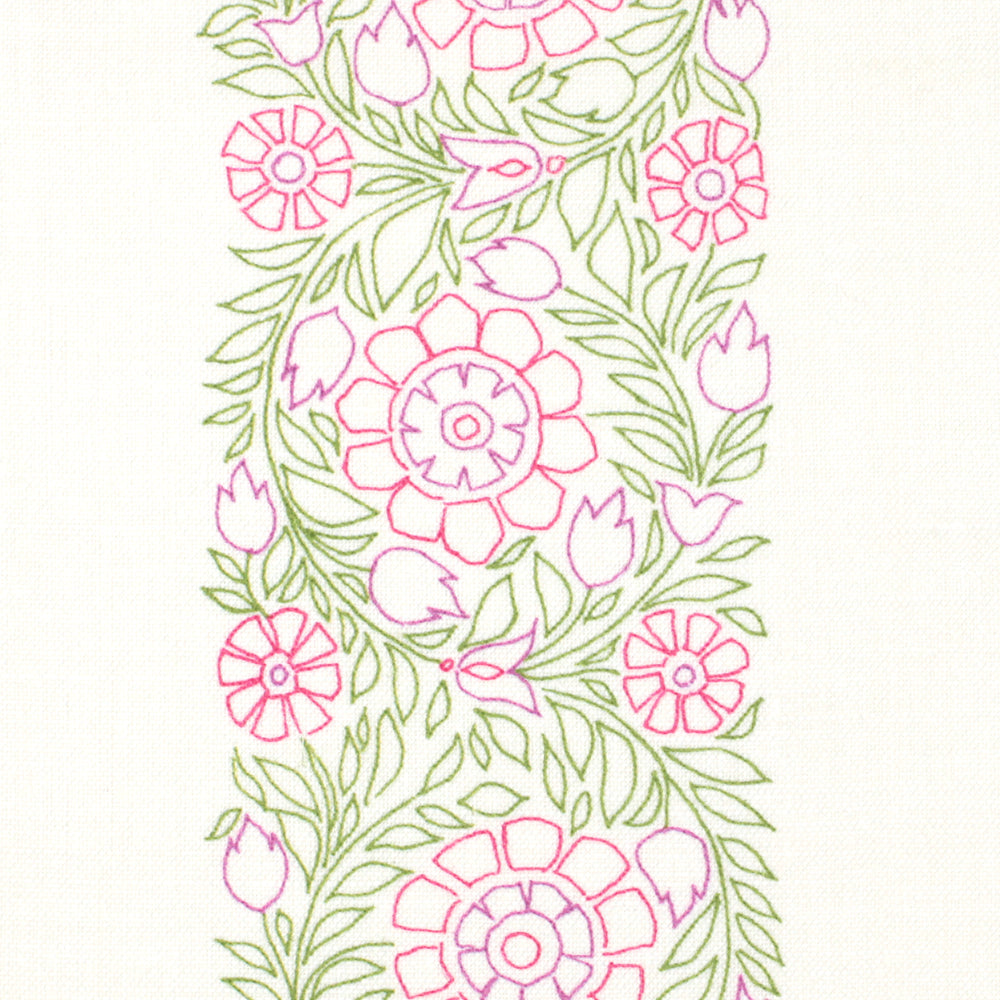 Detail of fabric in a floral stripe print in green, pink and purple on a white field.