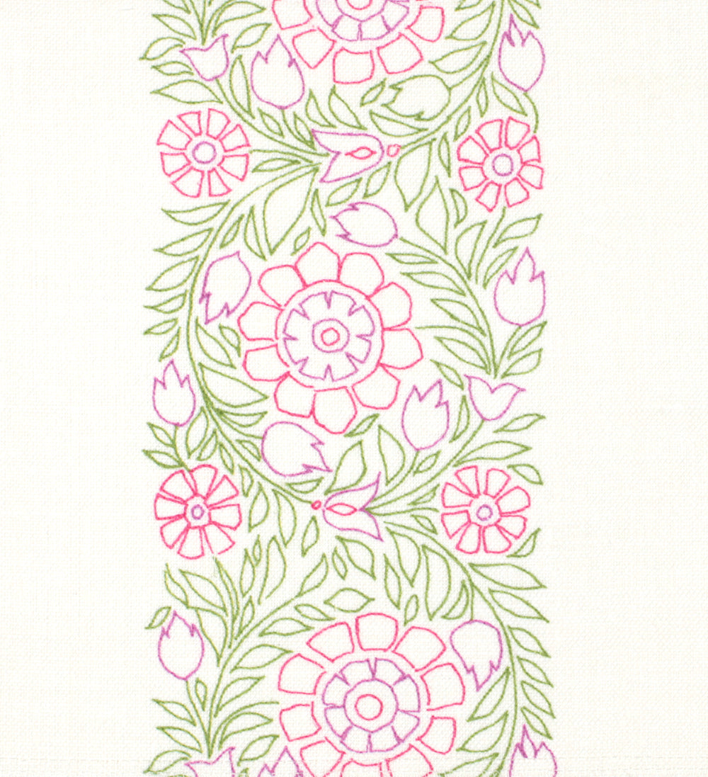 Detail of fabric in a floral stripe print in green, pink and purple on a white field.