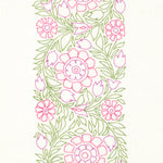 Detail of fabric in a floral stripe print in green, pink and purple on a white field.