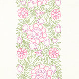 Detail of fabric in a floral stripe print in green, pink and purple on a white field.
