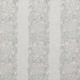 Detail of fabric in a floral stripe print in pastel green, blue and pink on a cream field.