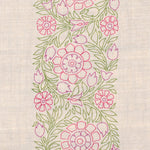 Detail of fabric in a floral stripe print in green, pink and purple on a cream field.